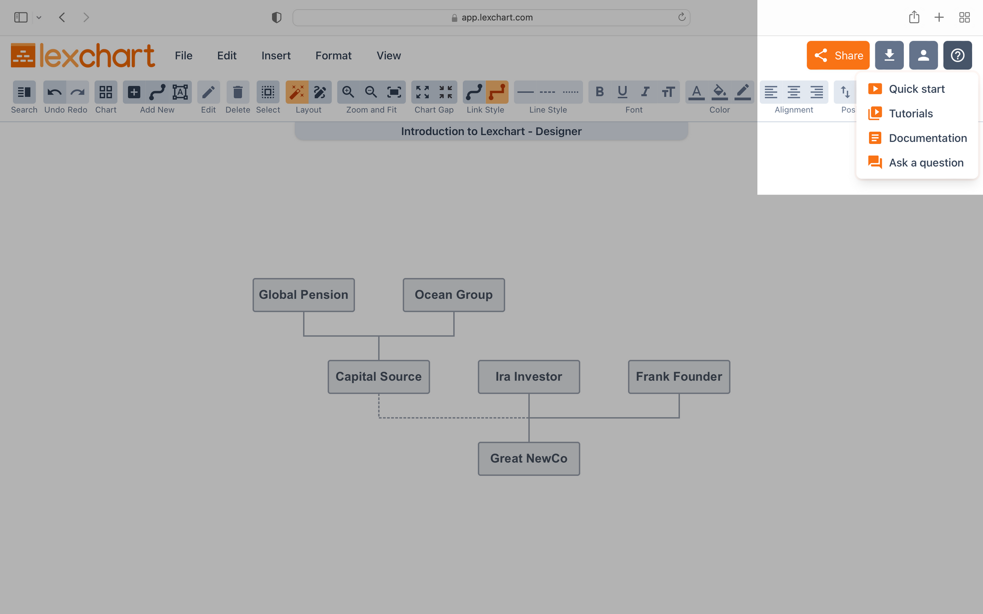 Lexchart Help menu