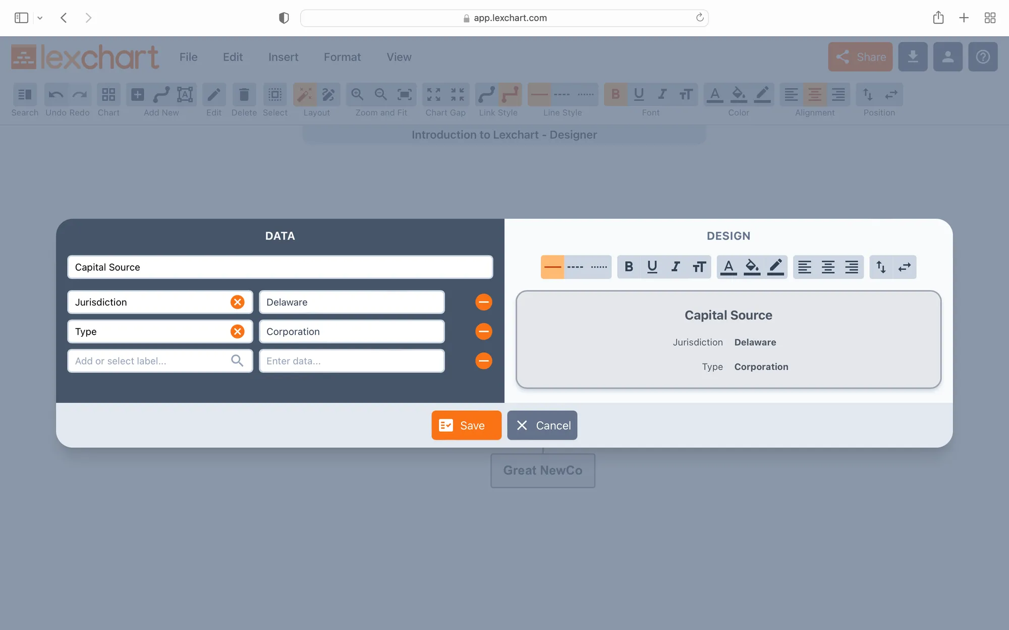 Edit window for Cards in Lexchart