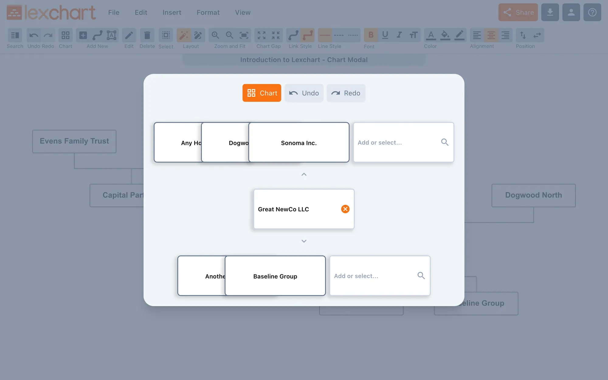 Use the Chart window to create company structure quickly and easily