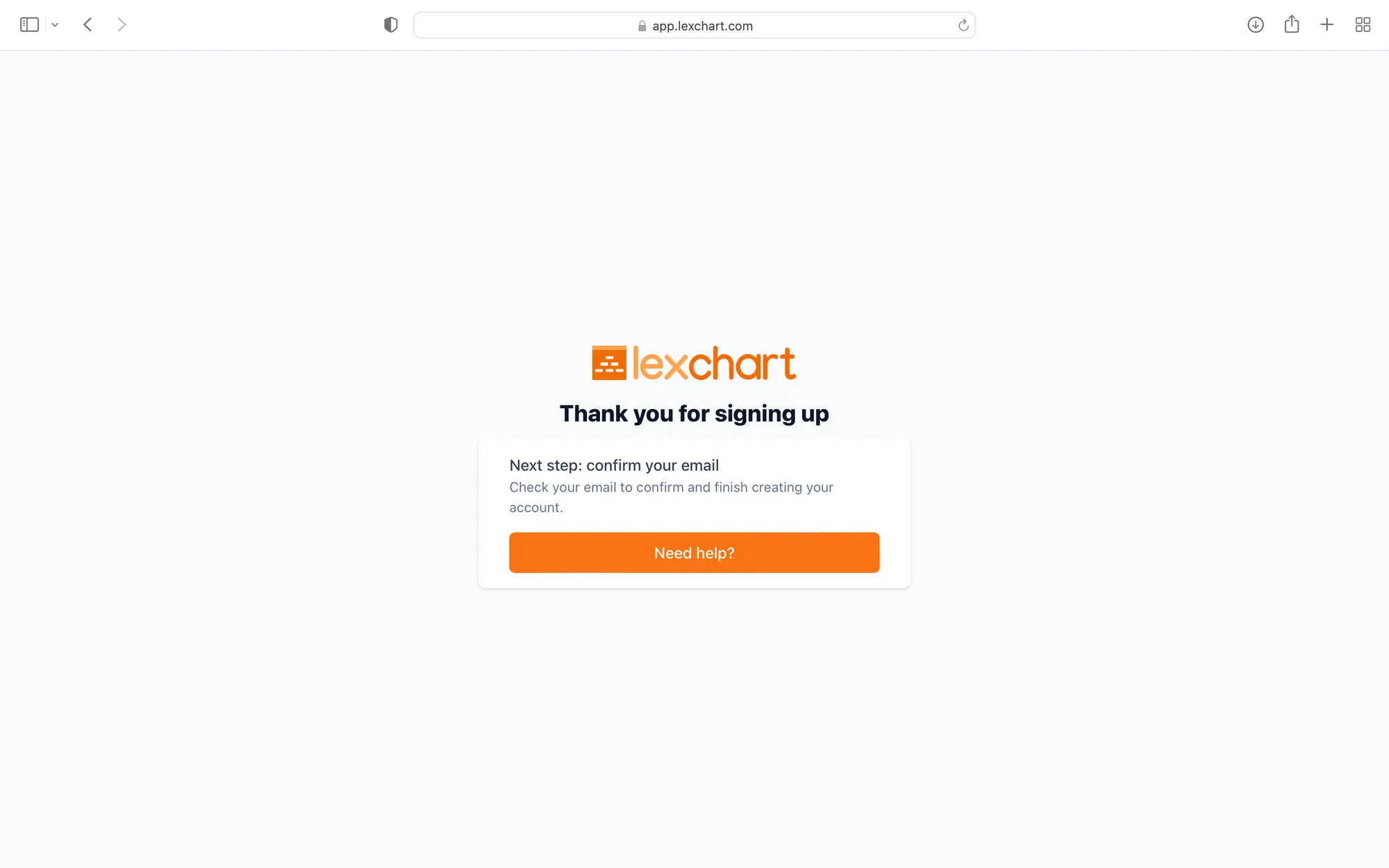 Lexchart Thank You message after registration