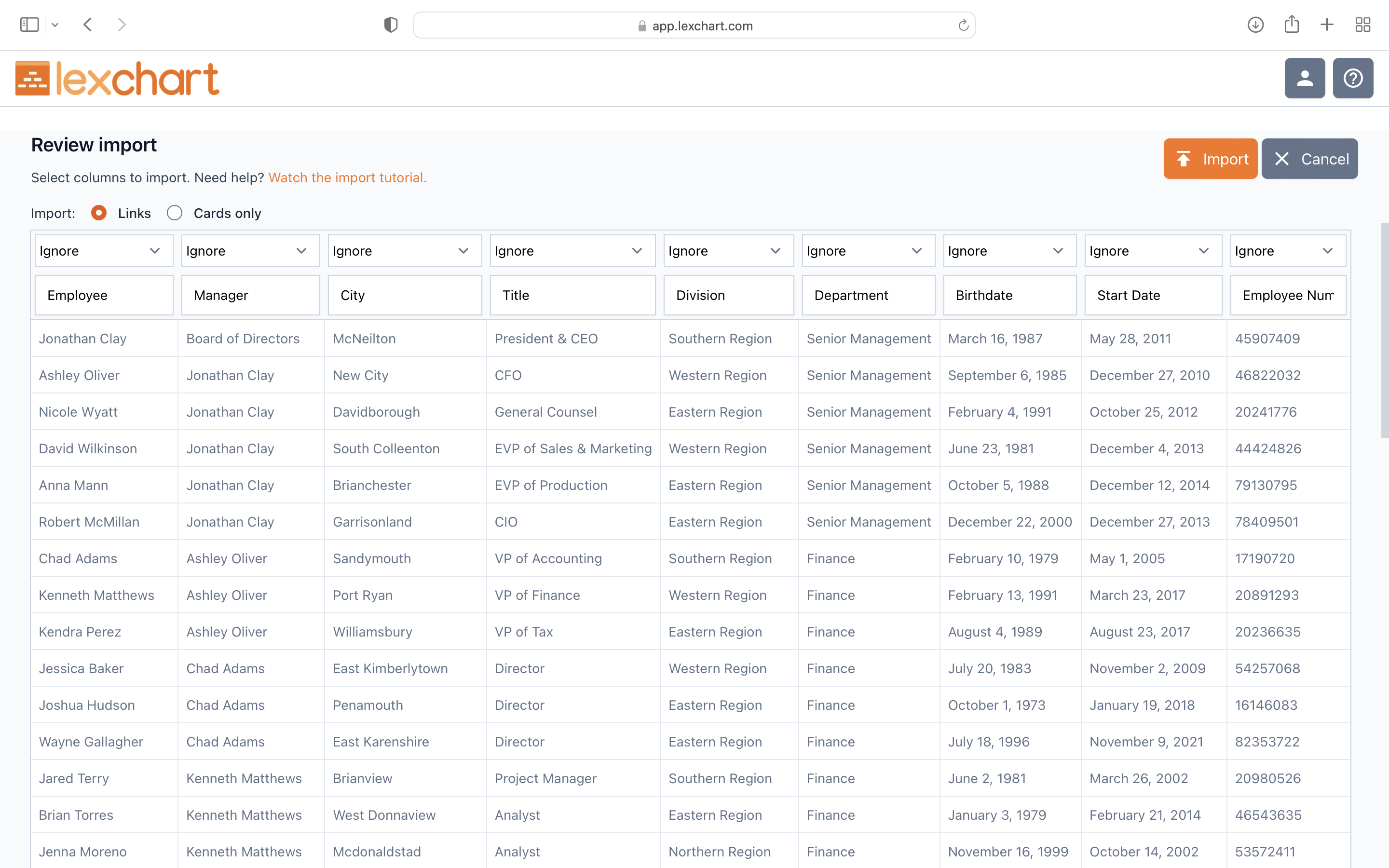 Map Excel org chart data