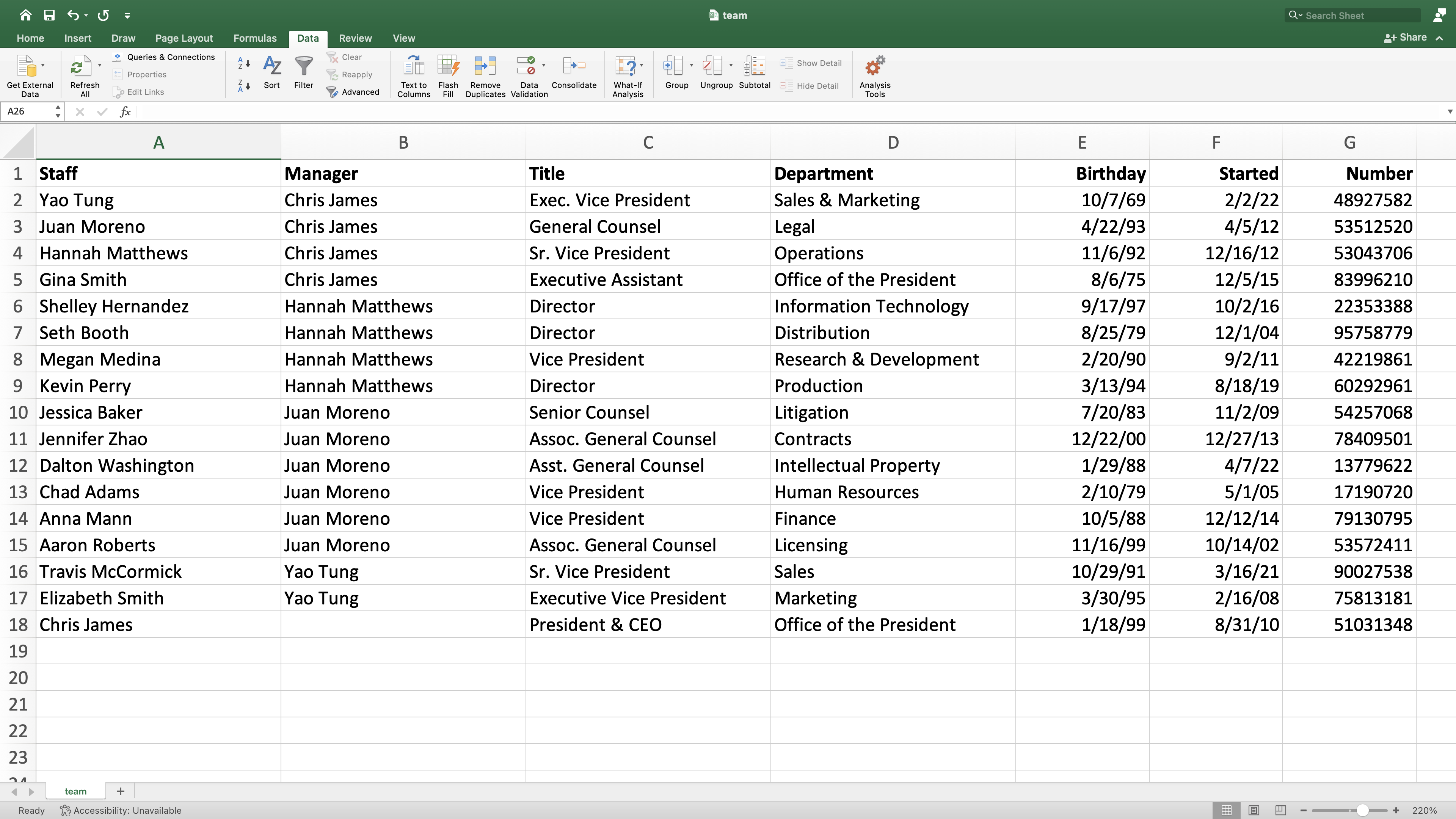 CSV File of Management Data with Managers and Employees