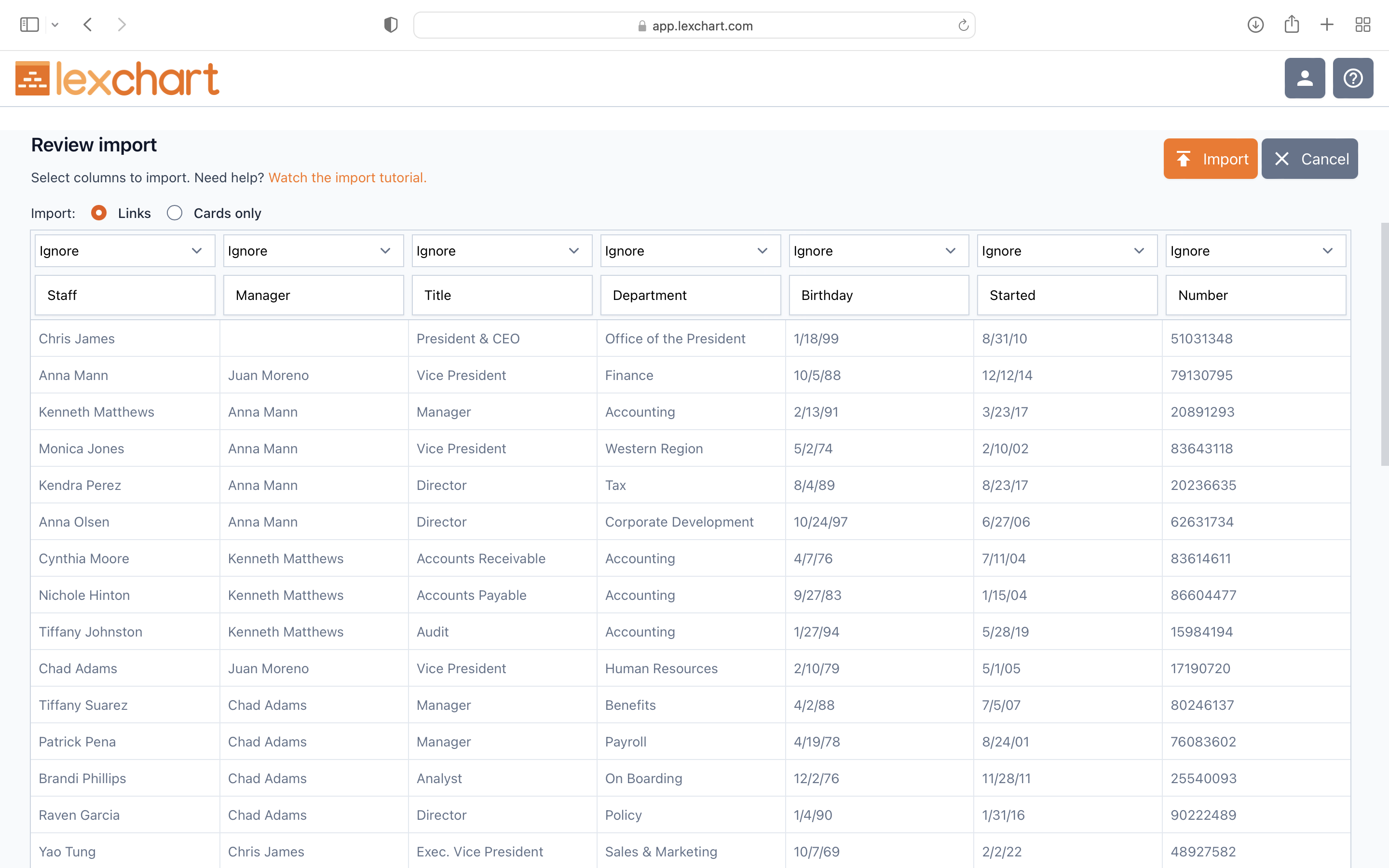 Import Excel organization data