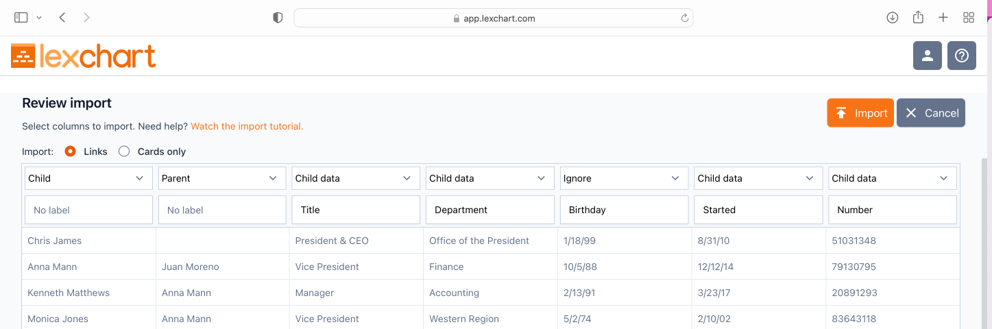 Map Excel data to org chart