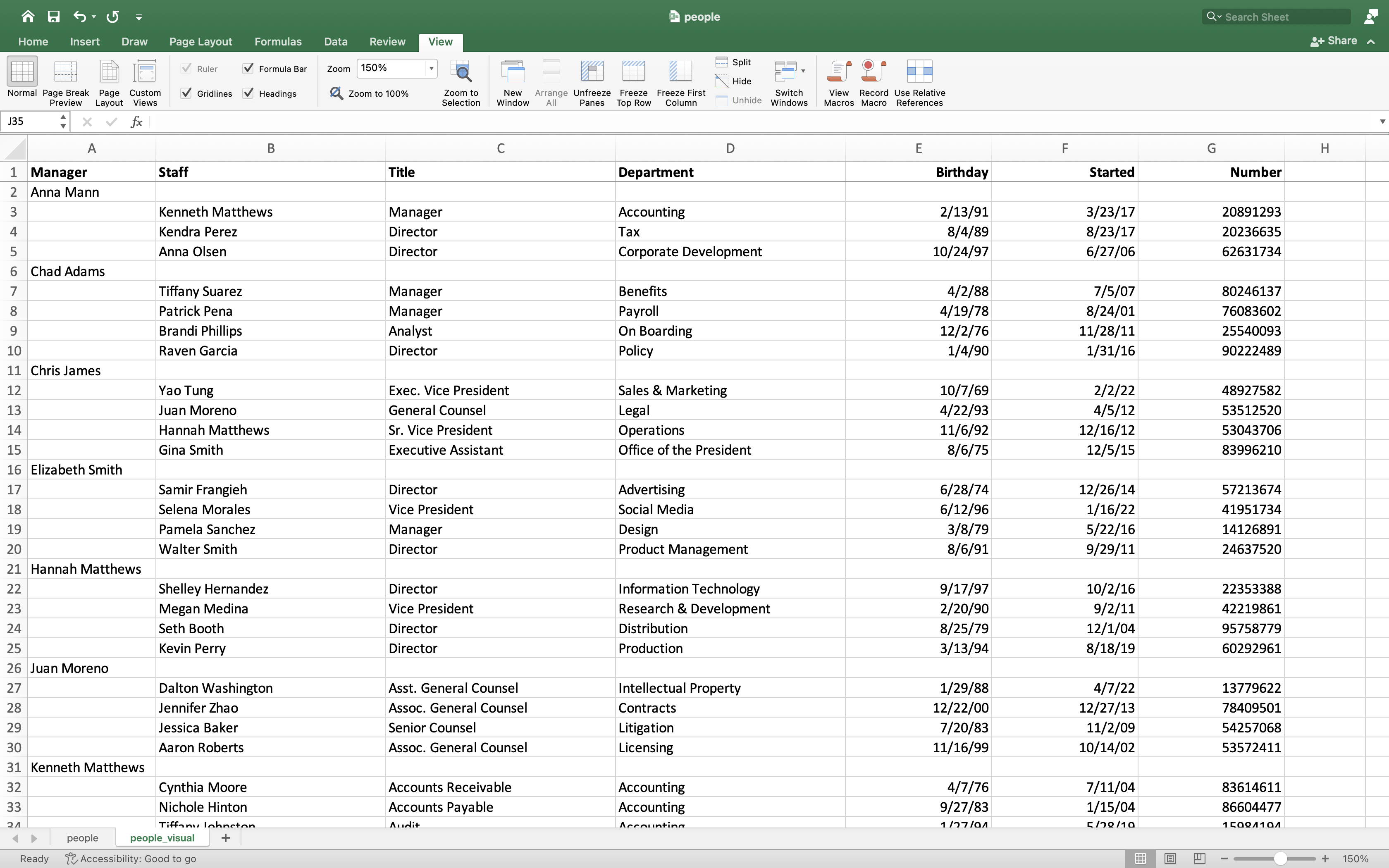 Excel organization data with visual grouping