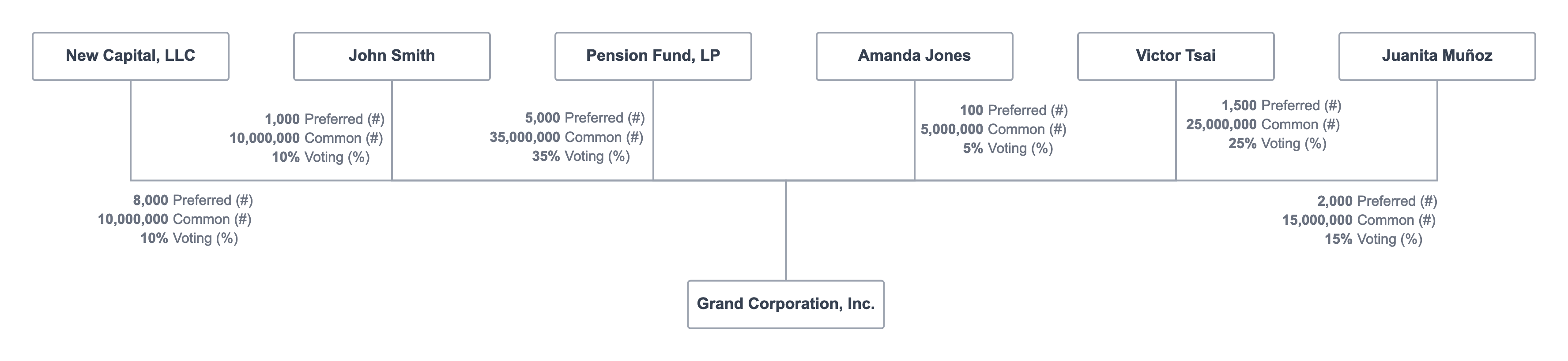 Corporate structure chart showing preferred and common shares along with voting interest in a corporation