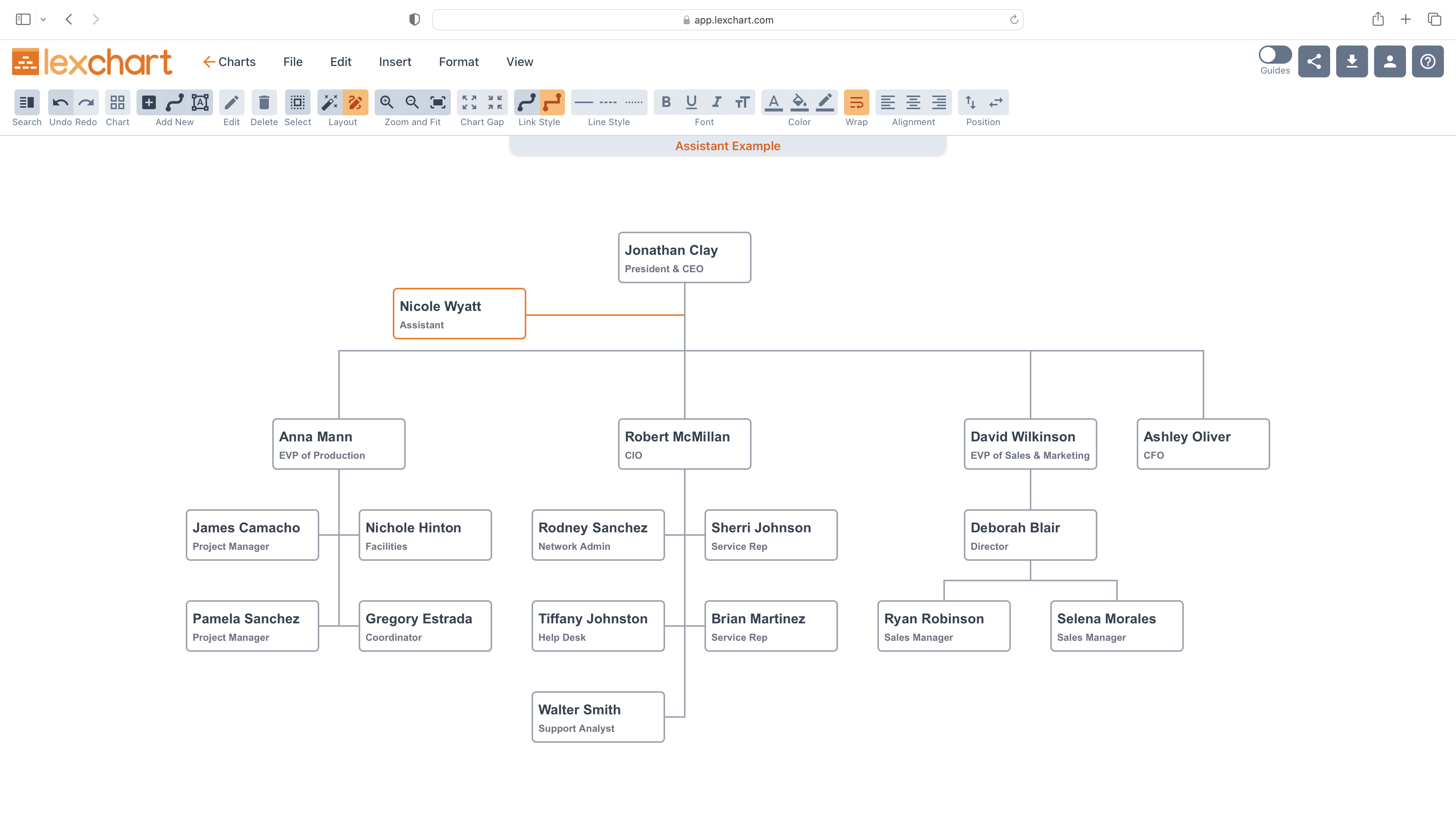 Assistant on organization chart off to the side and above the rest of the org chart.